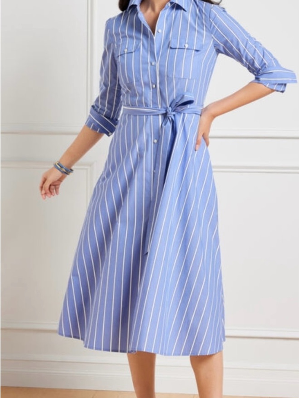 Talbots Blue and White Vertical-Striped Midi Shirt Dress with Self-Tie Belt